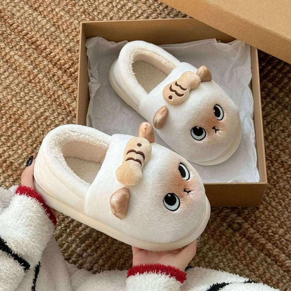 New Women Indoor Cute Cartoon Cat Winter Warm House Shoes Soft Plush Thick Sole Girls Home Floor Cotton Shoe