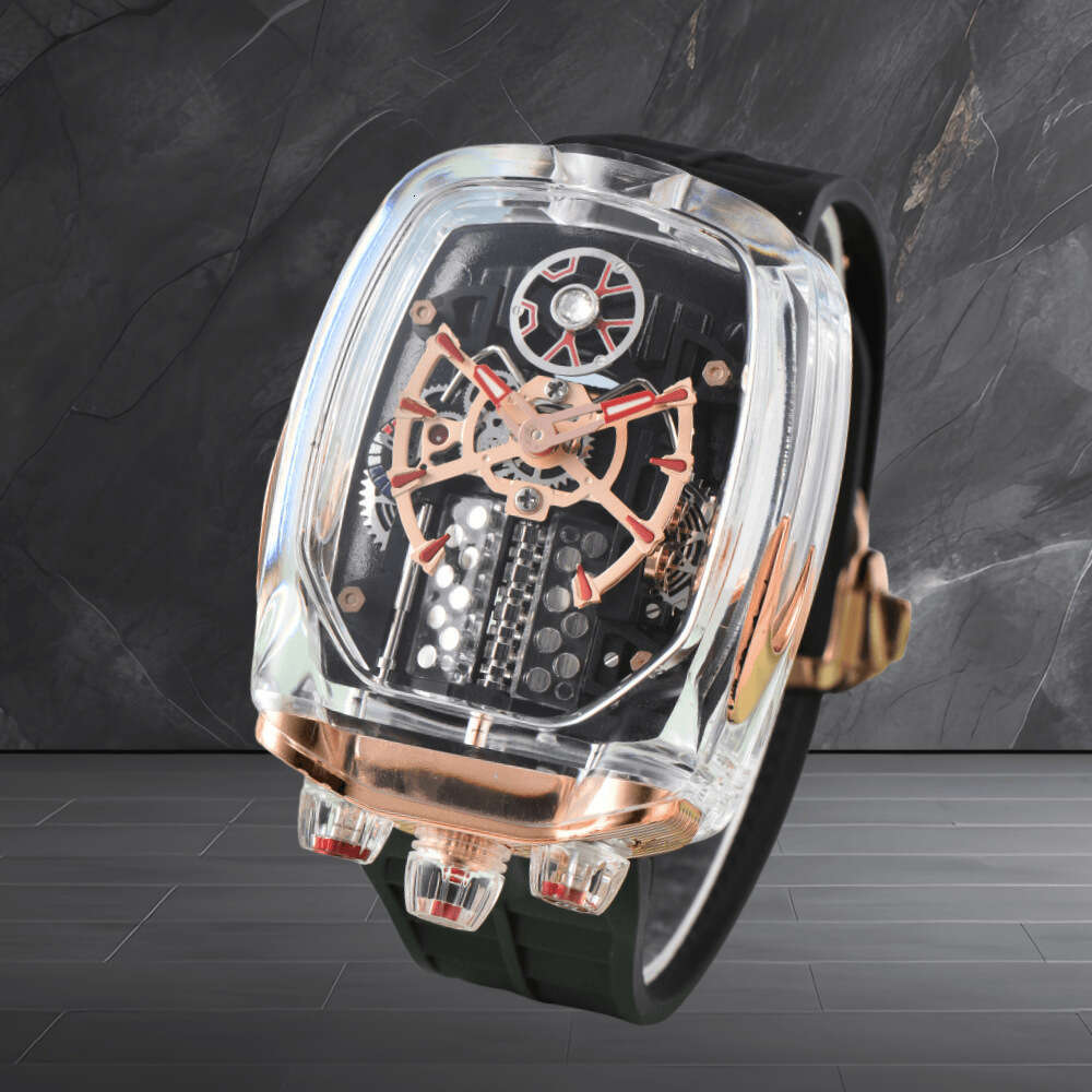 Men Transparent Skeleton Automatic Designer Watch 16 Cylinder Engine Dial Waterproof Casual Luxury Wristwatch