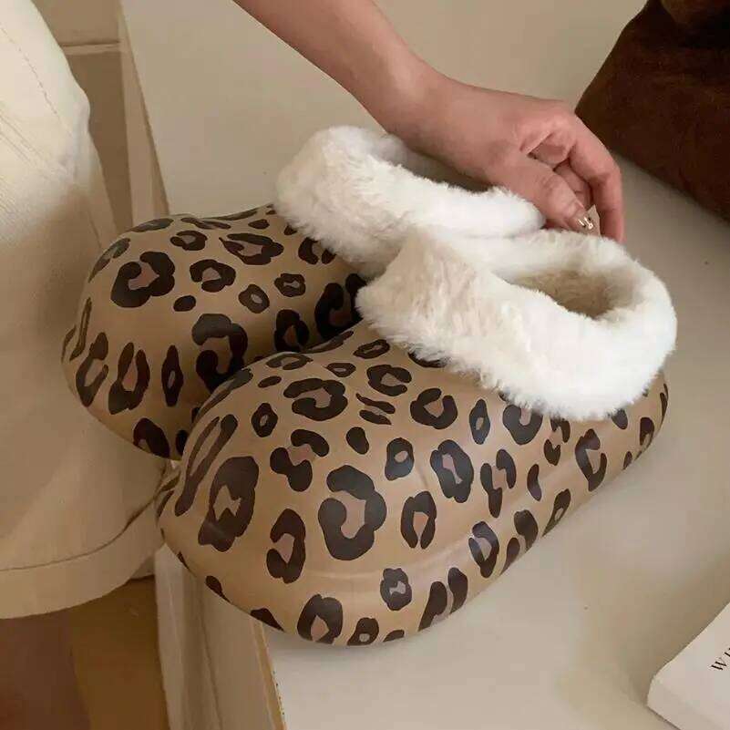 Fashion Leopard Style Waterproof Platform Slippers For Women Indoor Street Fluffy Shoes Warm Faux Fur Soft EVA Girls Home Slides
