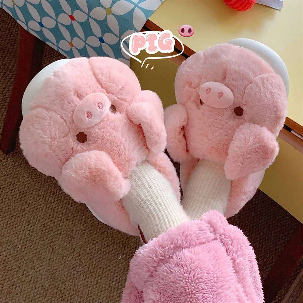 Pink Pig Cotton Slippers Women's Winter Warm Anti-Slip Cute Cartoon Soft Plush Indoor Fluffy Slipper for Girls Home Floor Shoes