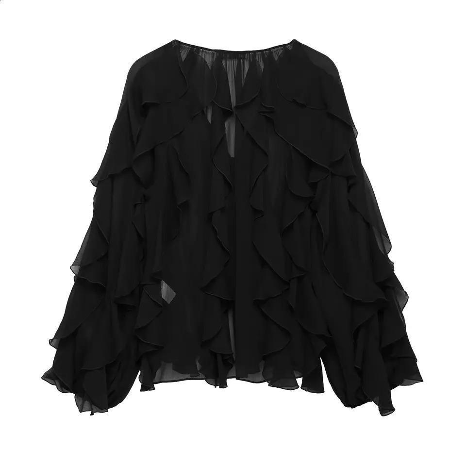 DUOPERI Women Fashion Solid Ruffled Blouse Vintage VNeck Long Sleeves Female Chic Lady Shirts 260228