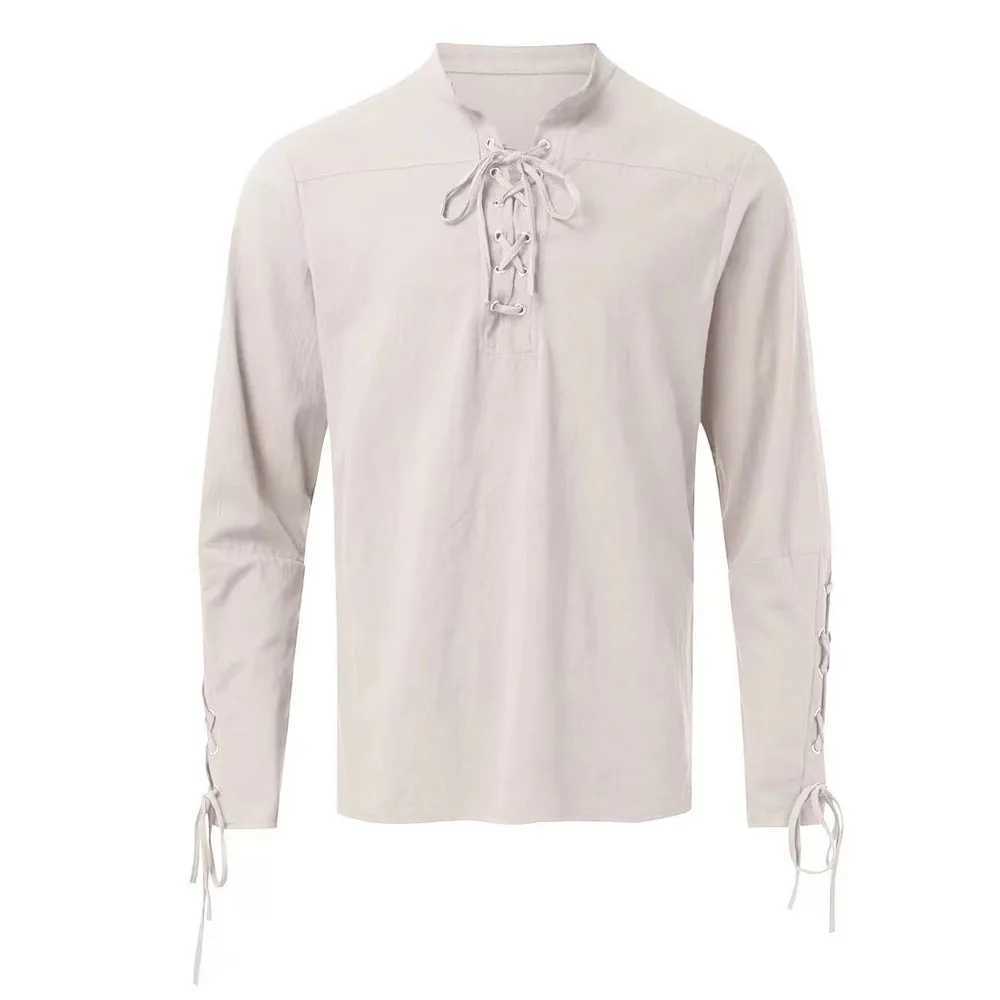 Male Cotton Linen Lace Up Long Sleeve Pullover Blouse Shirts Men Collarless Solid Color Holiday Beachwear Tops YYCFS-V-6-26 M260305