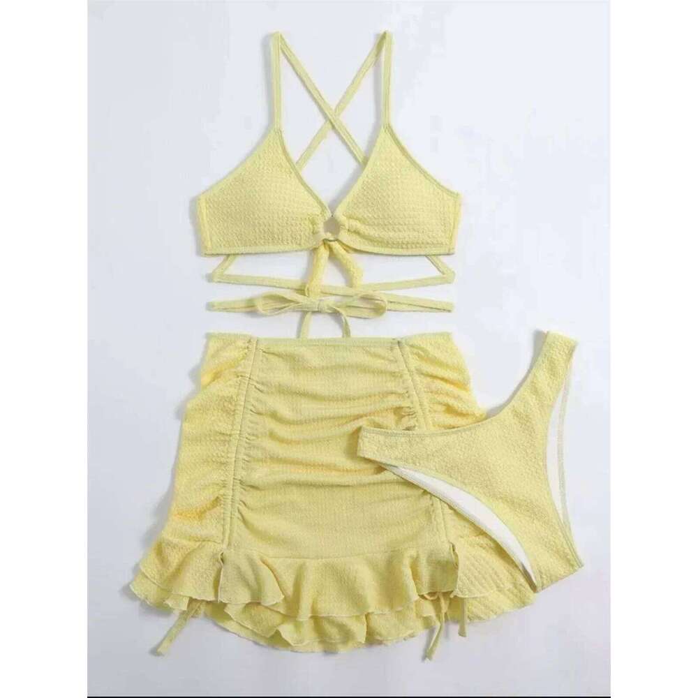 Sexy Yellow Bikini Women Solid Halter Ring Linked Criss Cross Cover Up 3 Piece Swimsuit 2025 Bathing Suit Ruffles Skirt Swimwear Y260303