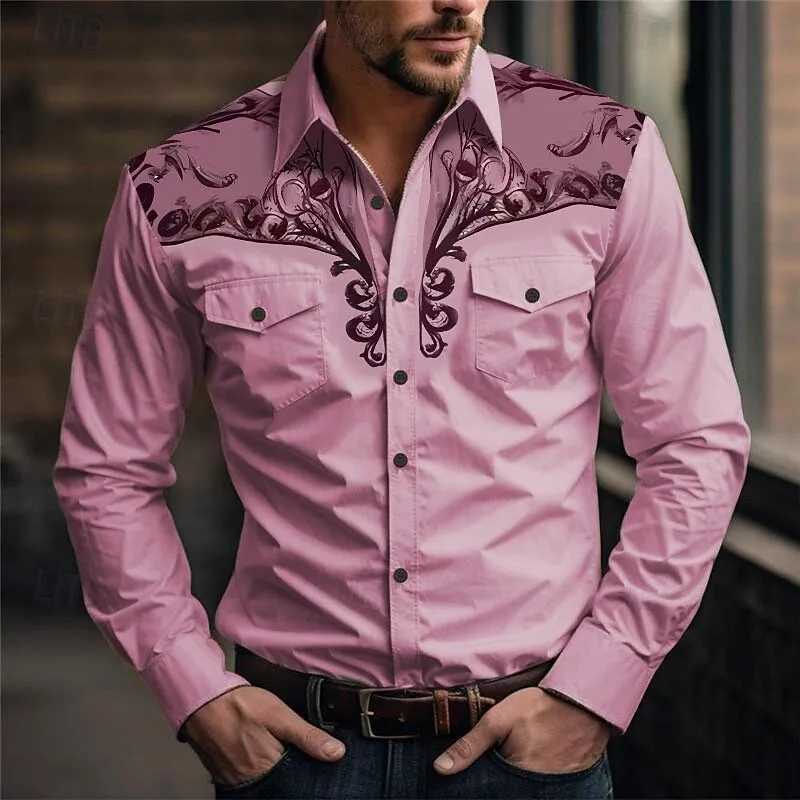 New Mens Long Sleeve Shirt 3D Vintage Print Casual Fashion Western Style Cowboy Style Mens Flap-Collar Shirt M260305