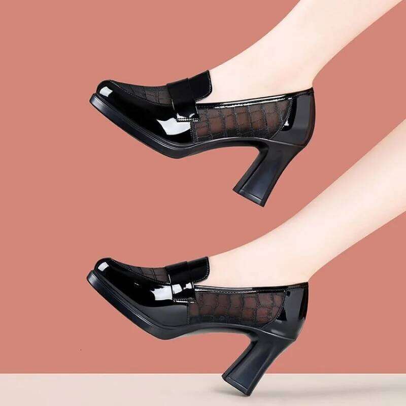 2025 Spring/Autumn Women's Mesh & Fashion High Heels - Hollow Out Leather Mid Soft Sole Chunky Heel Loafers