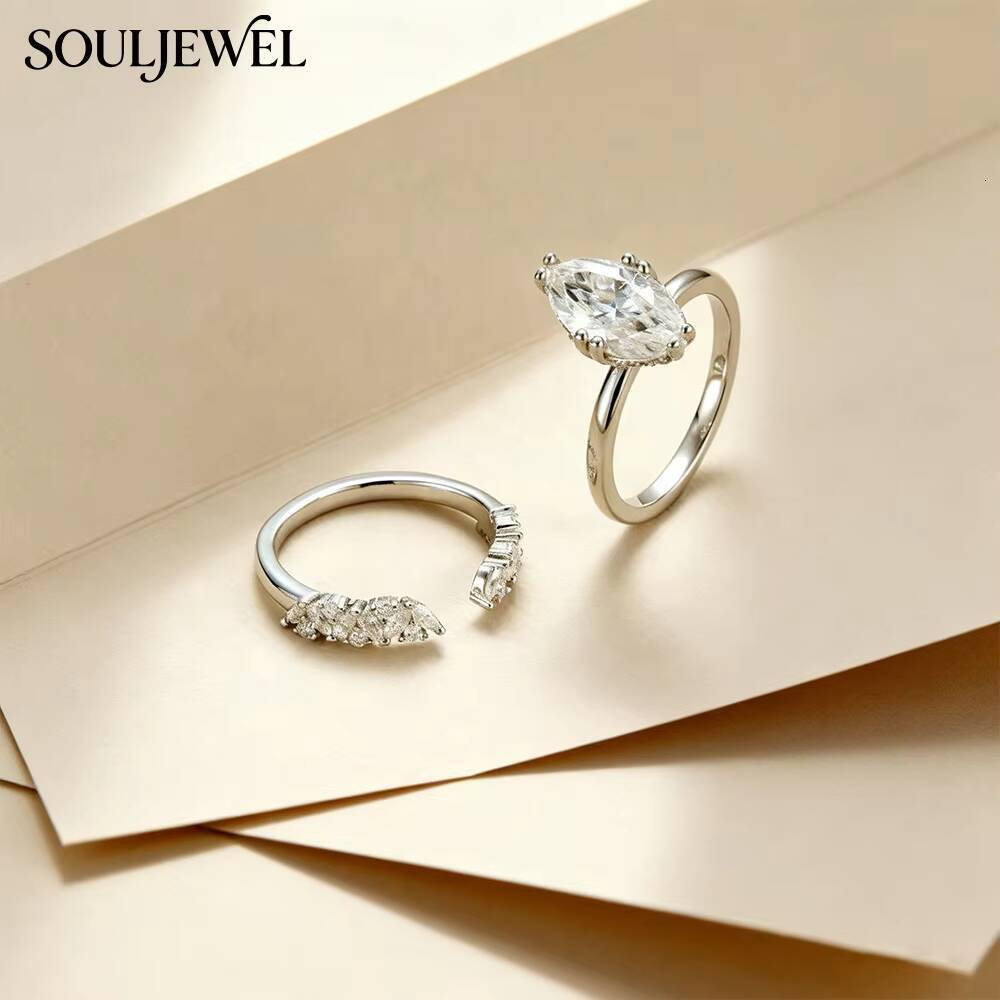 Souljewel Marquise Moissanite Combination Stacking Rings D Color VVS Sterling Silver Wedding Engagement Anniversary Bands