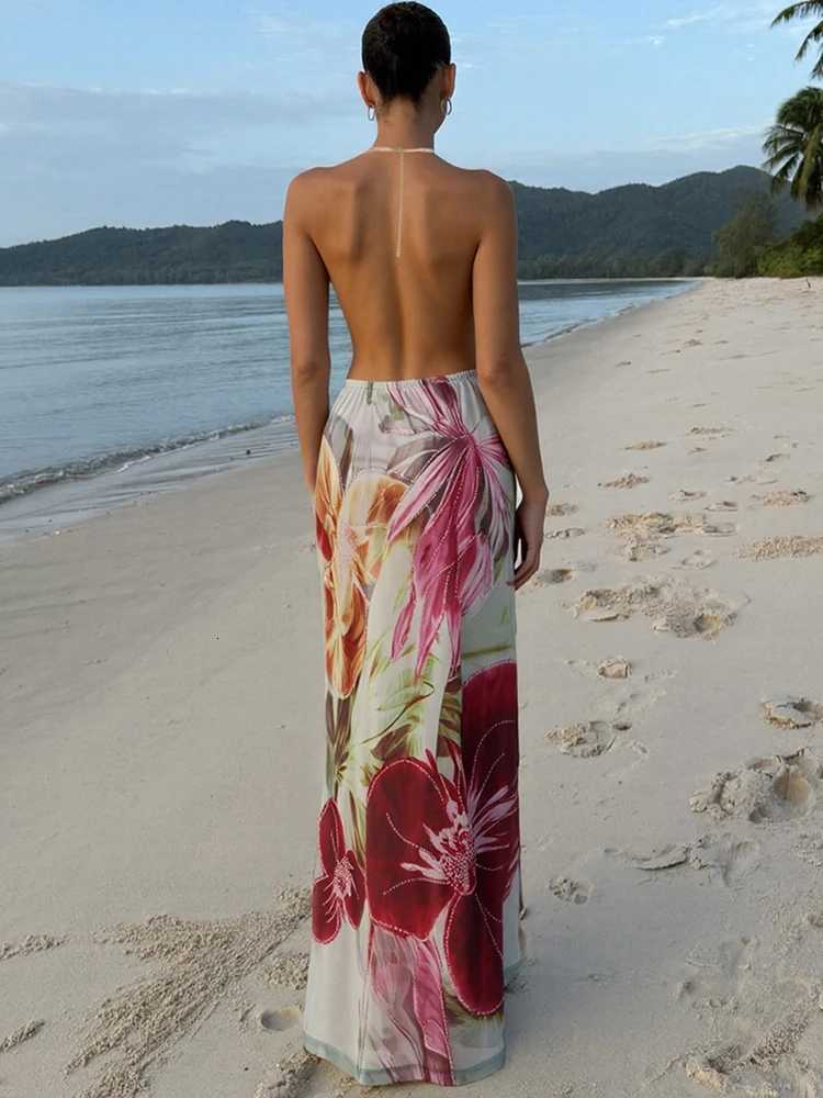 Weird Puss Floral Print Dress Women Bead Chain Halter Swing Collar Backless Vacation Fashion Beach Party Elegant Long Bodycon X260306
