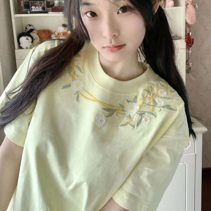 American Style High Street Embroidered Yellow Shoulder Women's Summer Loose Design T-Shirt Couple Student Slimming Top