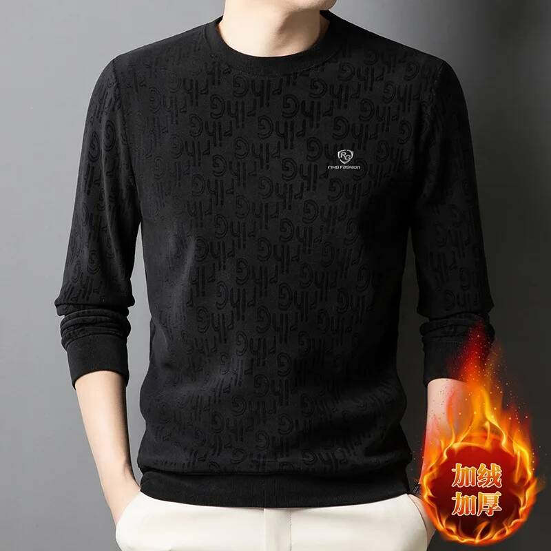 Fleece Thickened Oufen Sweatshirt Men Winter Round Neck Fashionable Jacquard Warm Long-sleeved T-shirt Base Men's Clothing
