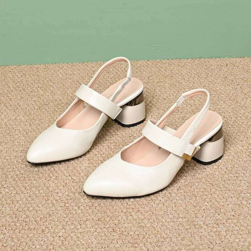 Women Elegant Cap Block Pointed Toe Sandals Summer Comfortable Backless One-Strap Buckle Mid Heel Fashion Commuter Shoe