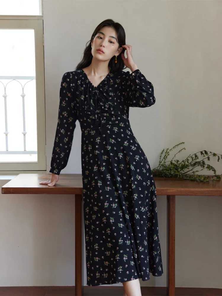 DUSHU Spring New Women Floral Chiffon Long Dress Lace-up V-Neck Design Female Print A-LINE Dresses 24DS8115324DS82765 X260306