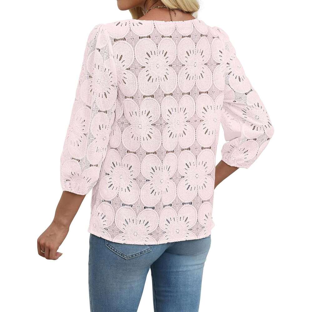 Women Blouses Dressy Casual 3/4 Length Sleeve Tops Eyelet Lace Spring Designer Summer Shirts Beach Vacation Clothes