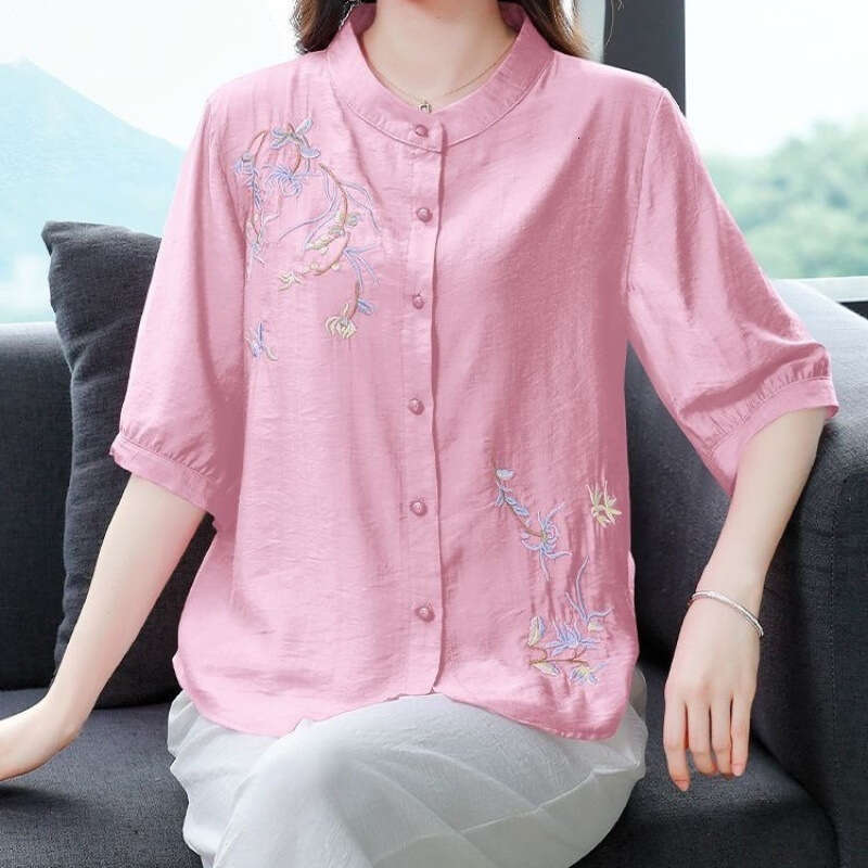 Cotton Linen Embroidered irt ort Sve Women's Summer Faion Loose Fit Versatile Trendy Top for Commute Office, casual loose new Chinese style top
