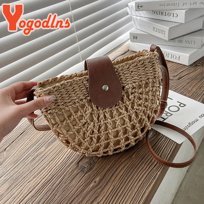 Yogodlns Summer Straw Bag For Women Fashion Semicircle Crossbody Bags Rattan Handmade Messenger Handbag Travel Beach Bags Tote 260303