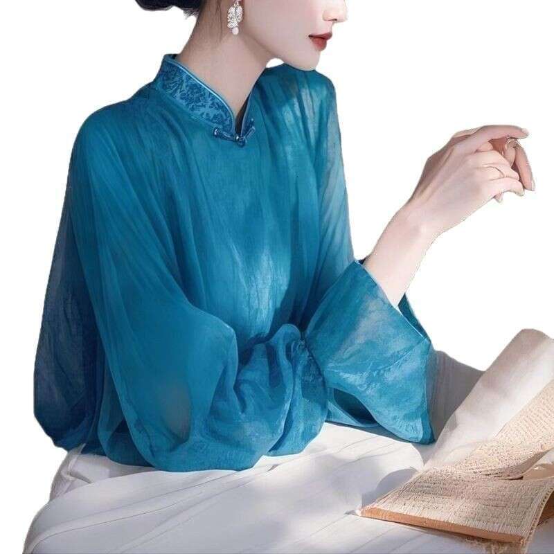 Mardi Hefxessdr 2025 Spring Fall Women Embroidery Stand Collar Flare Sleeve Chinese Style Blue Chiffon Top Shirt , Woman Vintage Tops Shirts