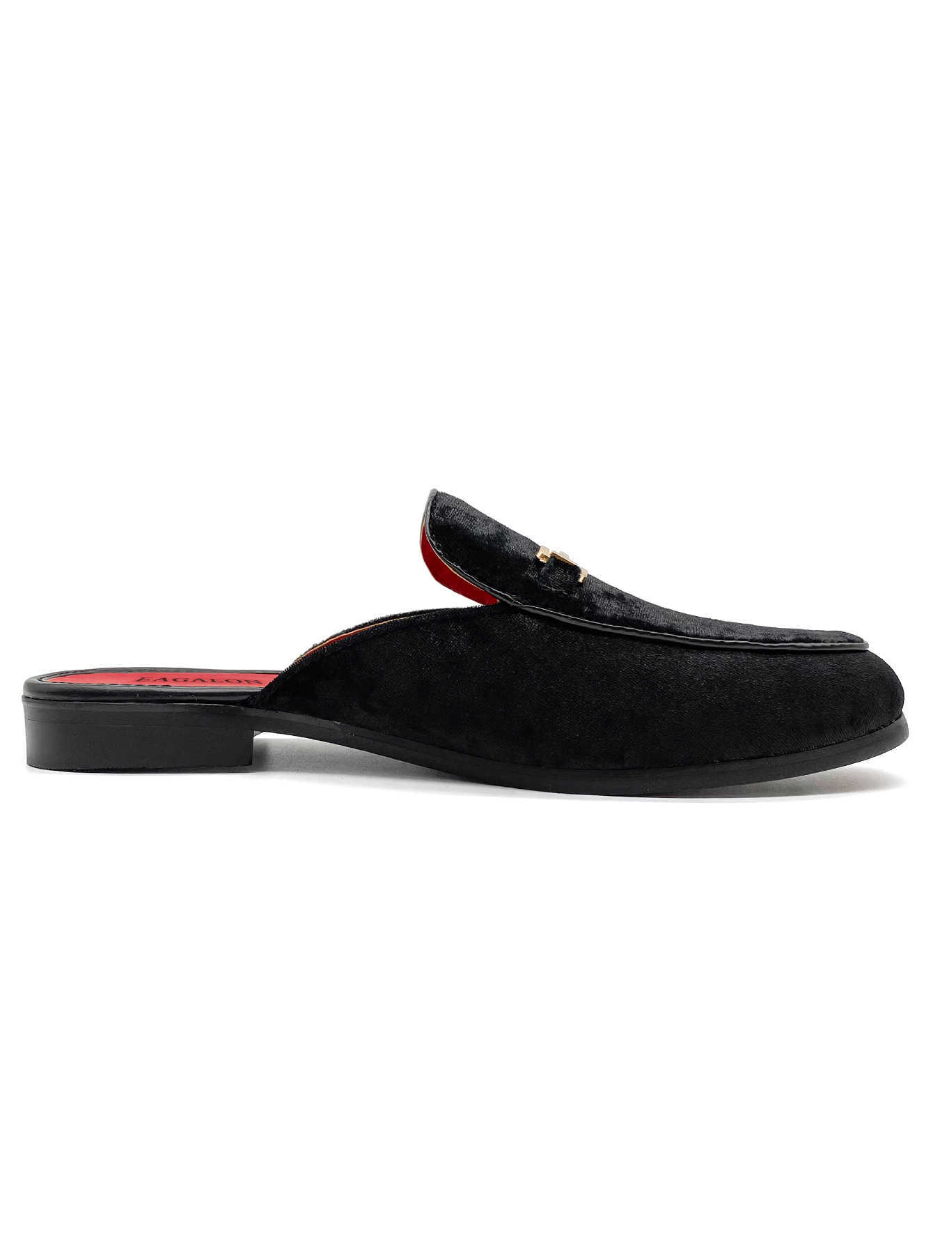 Men's Black Velvet Mules Loafers Backless Slippers with Gold Buckle Luxury Casual Slip-On Shoes