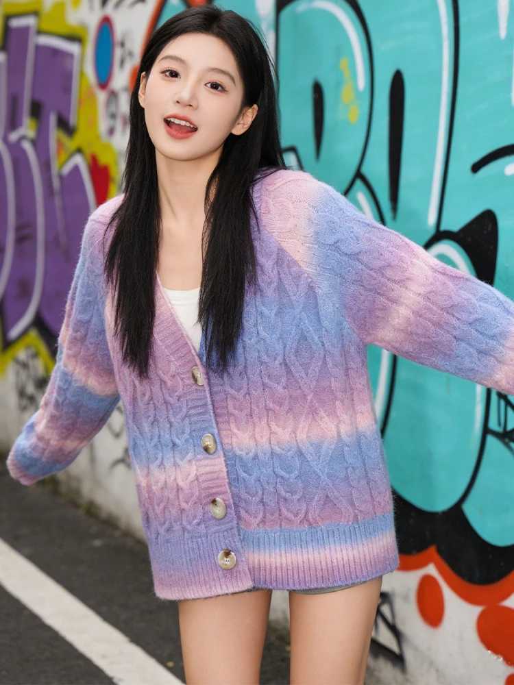 SLTNX Tie-dyed V-neck Short Cardigan in Autumn and Winter Women Long-sleeved Gradient Sweater Coat Korean Fashion Button Sweater M260306