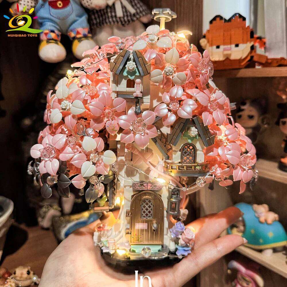HUIQIBAO DIY Discoloration Cherry Blossom MOC Flower Pink Tree House Building Blocks Classic Model Bricks Sets Kid Romantic Gift Z260306