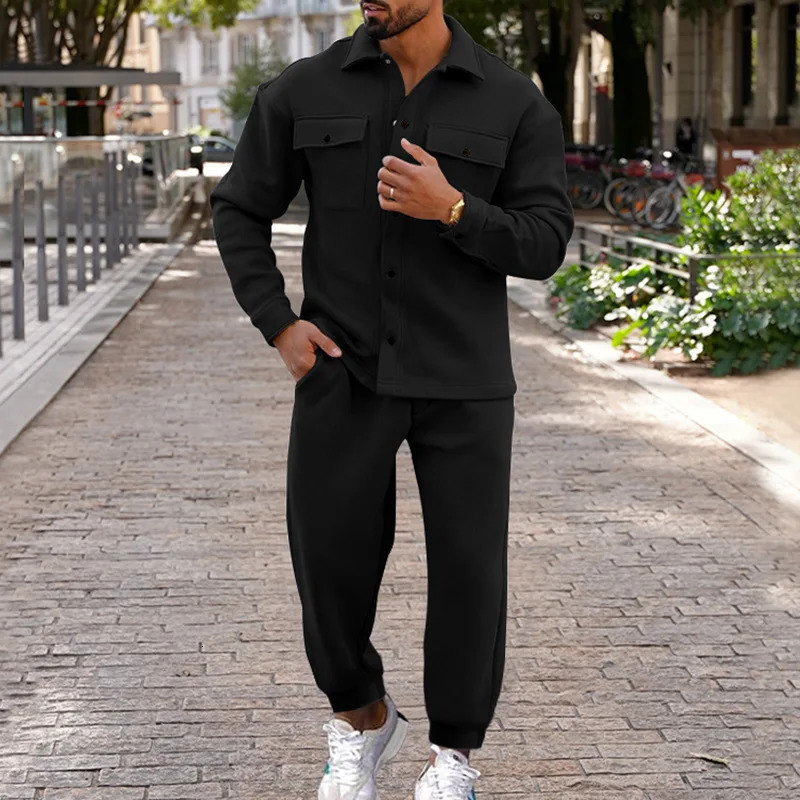 Autumn Winter Fashion Suede Fabric 2-Piece Set Solid Color Slim Fit Long-Sleeve Jacket Cuffed Pants Casual Outfit Mens Sets 260227