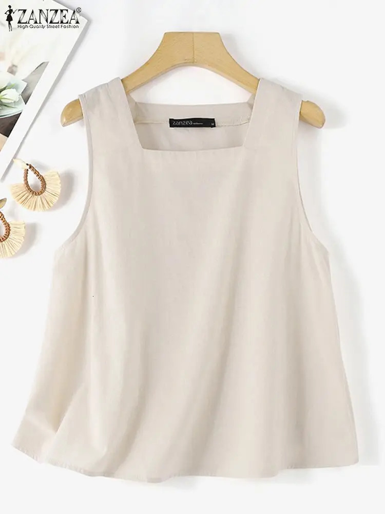ZANZEA Summer Tanks Tops Women Square Neck Sleeveless Blouse Elegant Cotton Shirt Casual Solid Holiday Beach Blusas Female Tunic 260306