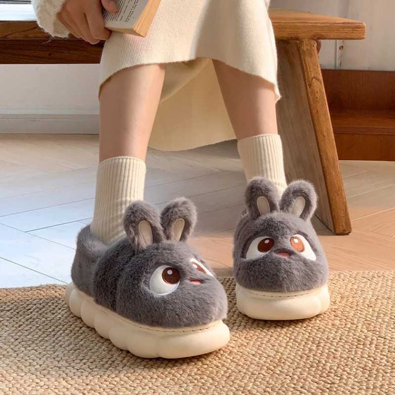 Cute Cartoon Rabbit Cotton Slippers For Women Winter House Shoes Warm Plush Thick Sole Anti-slip Female Home Floor Fluffy Slides S260305