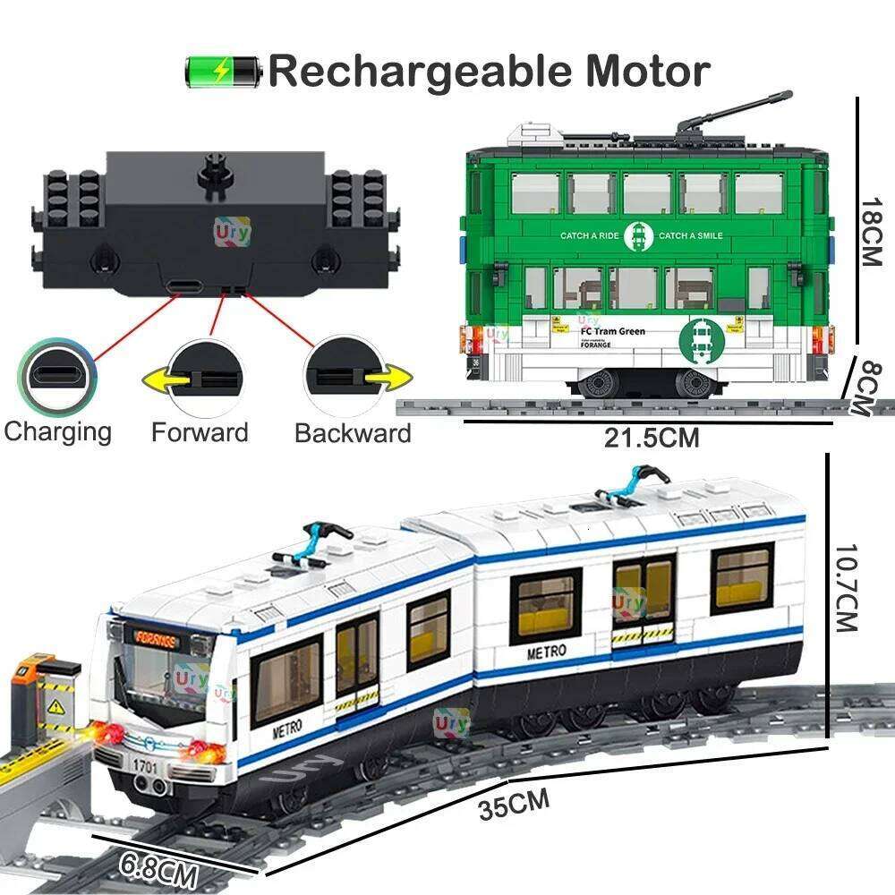 Technical Subway Train City Car Metro Tram Electric Model Rechargeable Lithium Battery Motor Building Blocks Toys For Boy Gift Z260306