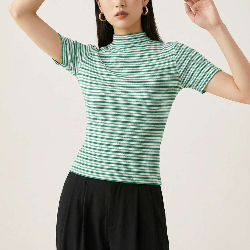 Miyake half-high collar pleated T-shirt for women, 2026 summer new short-sleeve slim-fit blue and white Designer striped top