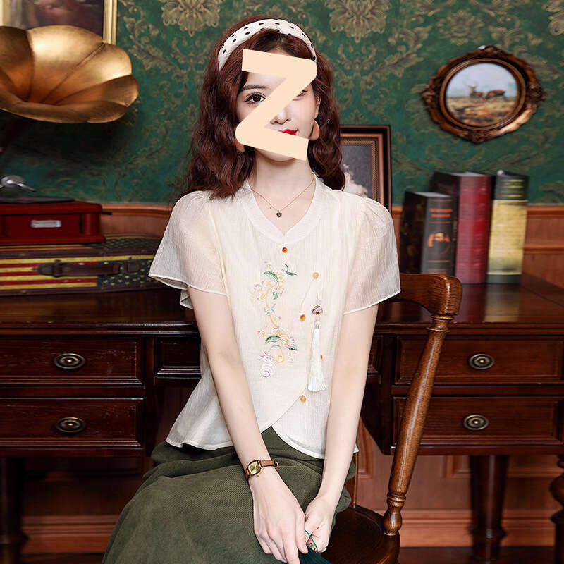 Ladies Embroidered Tops Short Sleeve Shirts Chinese Style Buttons Fashion Trend Irregular Summer New Style 2025 Stand-up Collar