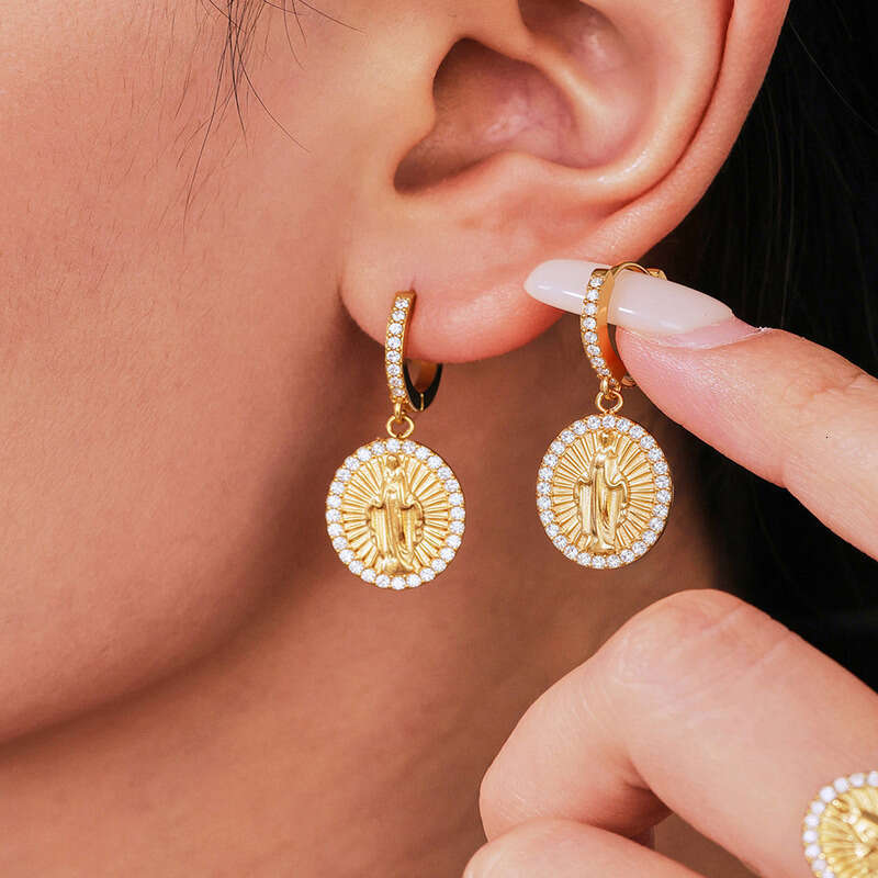 Women's Vintage Religious Earrings Ring Set: Stainless Steel 5A Zircon Jesus Oval Full Diamond Round Pendant 18k Gold Plated Ins Personalized Dai