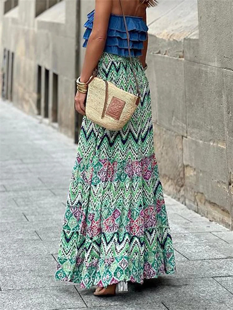 Women Flowy Boho Skirt Printed Ruffled Hem Summer Casual Long Skirt for Beach Vacation Club Streetwear Aesthetic Clothes 260306
