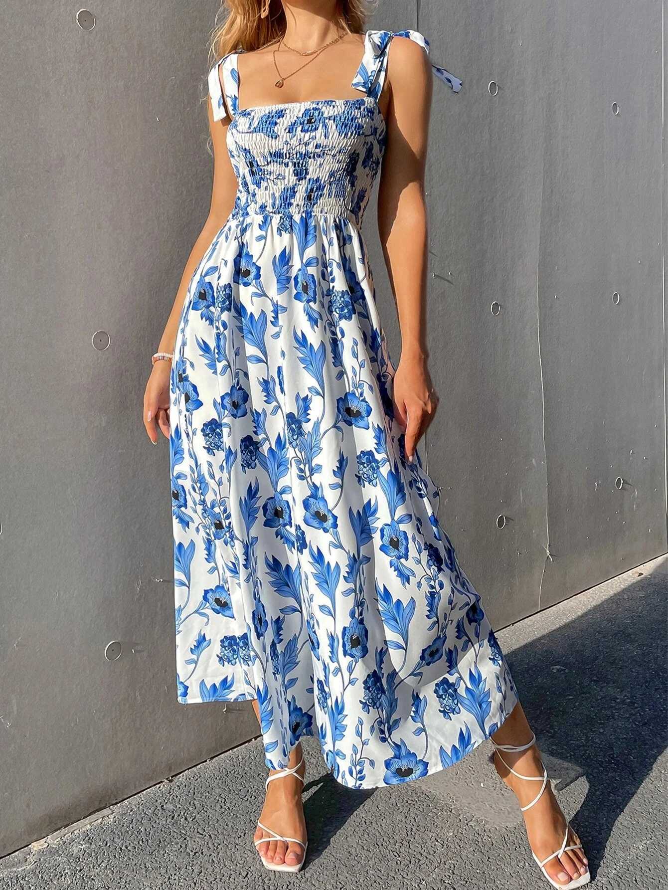 Elegant RomanceFloral Corset Dress with Knotted Straps Smocked Bodice Bodycon Party Guest Dress for Wedding Date Night X260306