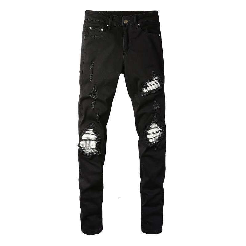 Trendy High Street Slim Fit Style Ripped silver Patch European and American Jeans Men's Pants Skinny