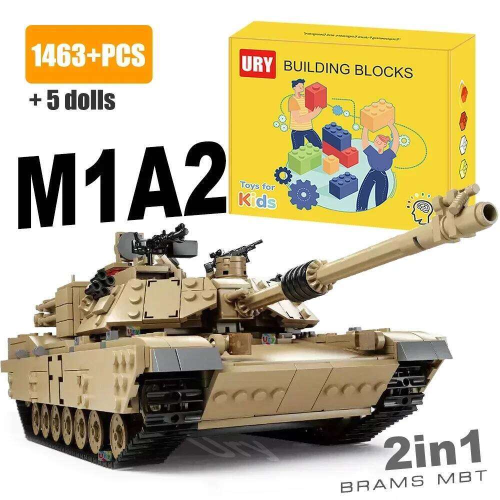 2in1 WW2 Military M1A2 Abrams MBT Tank Model Army Cannon Chariot Set Soldier Figures DIY Building Blocks Toys for Boys Kids Gift Z260306
