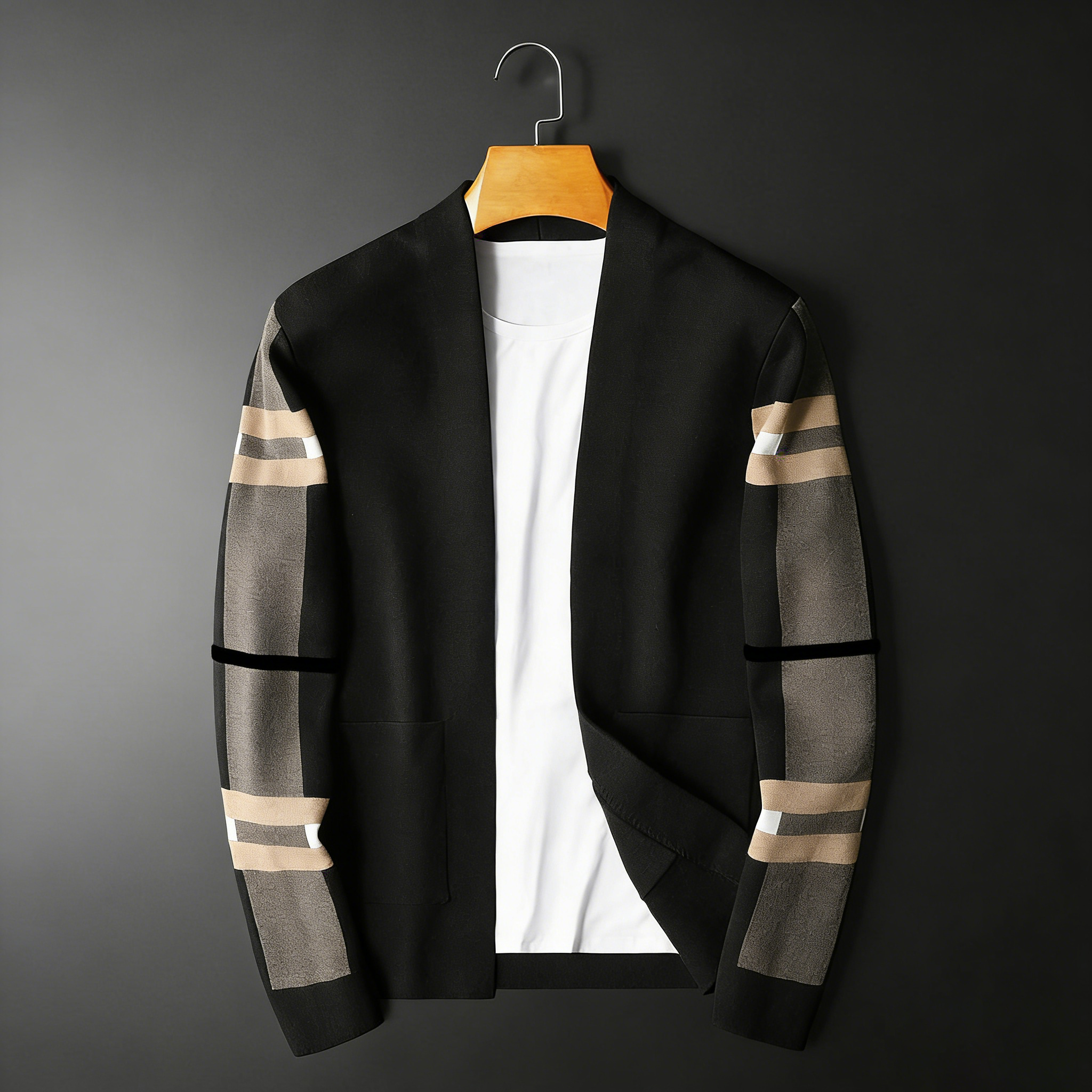 Free Shipping 2026 Spring New V-neck Striped Designer Long Sleeve Knitted Shirt Trendy Fashion Slim Fit Jacket for Men