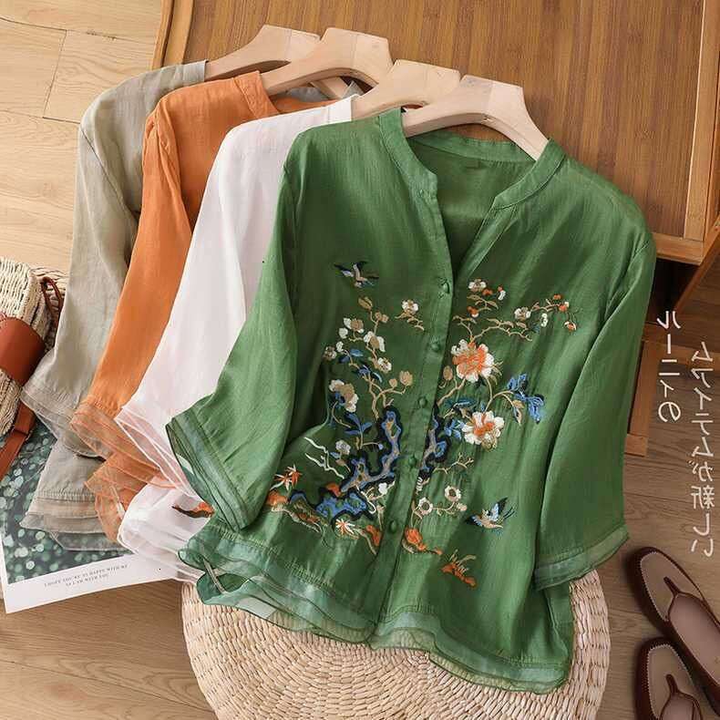 High-end Cotton and Linen Tops Female 2026 Summer New Embroidered Cardigan Shirt New Chinese Style Embroidered pattern shirt