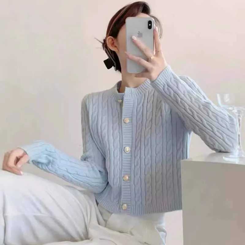 Korean Chic Cropped Sweater Jacket for Women Simple All-Match Round Collar Twist Knitted Cardigan Autumn Winter Buttons Knitwear M260306