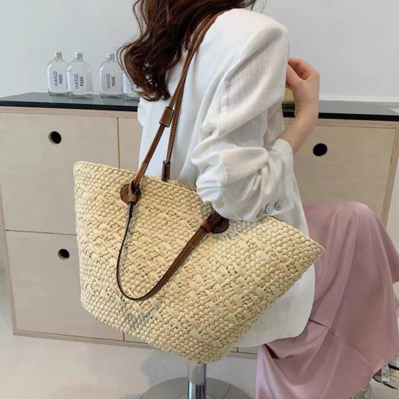 Shoulder Bag Handmade Straw Woven Large Capacity Highquality Basket Bag Summer Beach Vacation Fashion Handbag Forwomen 260302