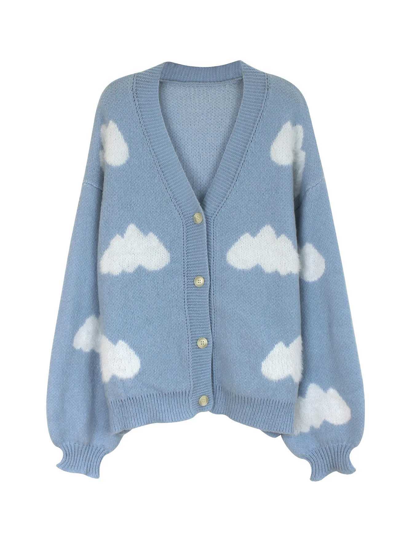 Womens sweater long sleeved cardigan white cloud jacquard medium long style for spring autumn and winter M260306