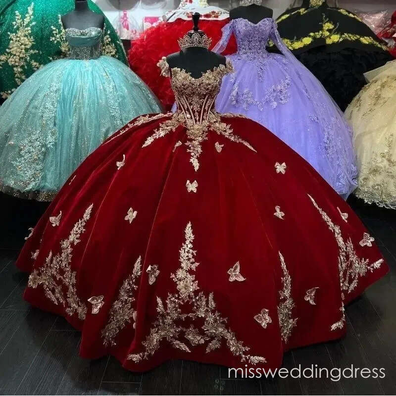 2026 Red Sexy V-neck Princess Quinceanera Dresses Ball Gown Off The Shoulder Gold Appliques Bow Corset Sweet 15 Vestidos De XV Anos