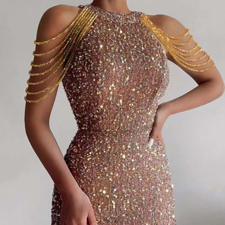 2026 Spring/Summer New Fashion Halter Neck Sexy Crystal Chain Bodycon Sequin European and American Mid-Waist Evening Dress