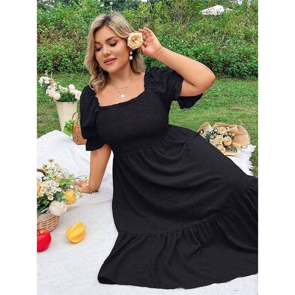 Plus Size Women's Pure Color Wrap Ruffle Hem Midi Square Neck Backless Short Sleeve Dress Elegant temperament