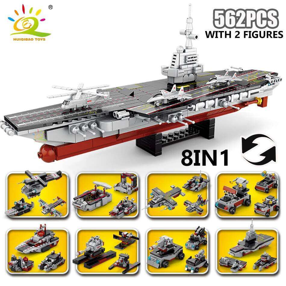 HUIQIBAO 562pcs 8in1 Military Ship Aircraft Cruiser Building Blocks Army Weapon Warship Truck Bricks City Toy for Children Gift Z260306