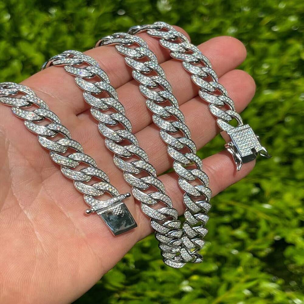 925 Silver Womens Iced Out Moissanite Cuban Chain Gold Plated