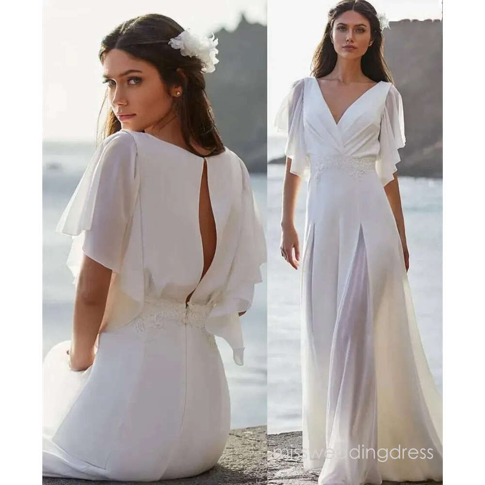 Simple Beach Wedding Dress 2026 A-Line Puffy Short Sleeve V-Neck Pleat Lace Appliques Open Back Sweep Train Bride Gown Vestidos De Noiva