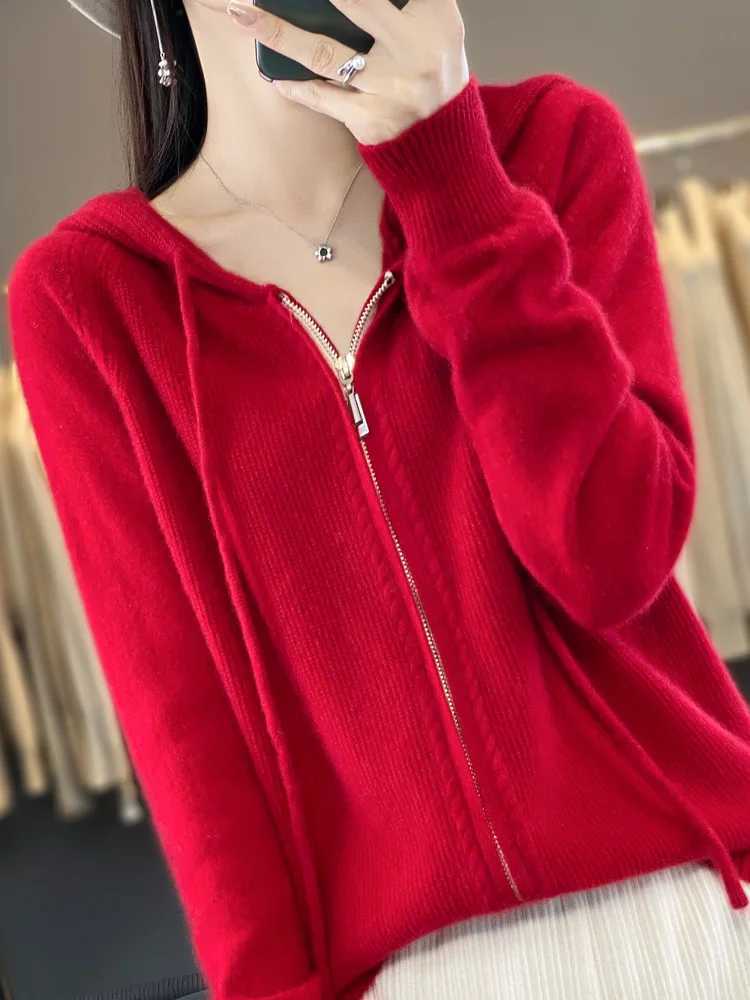 Autumn Winter 100 Merino Wool Sweater Cardigan Womens Hooded Zippers Raglan Sleeve Cashmere Knitwear Casual Chic Clothing Tops M260306