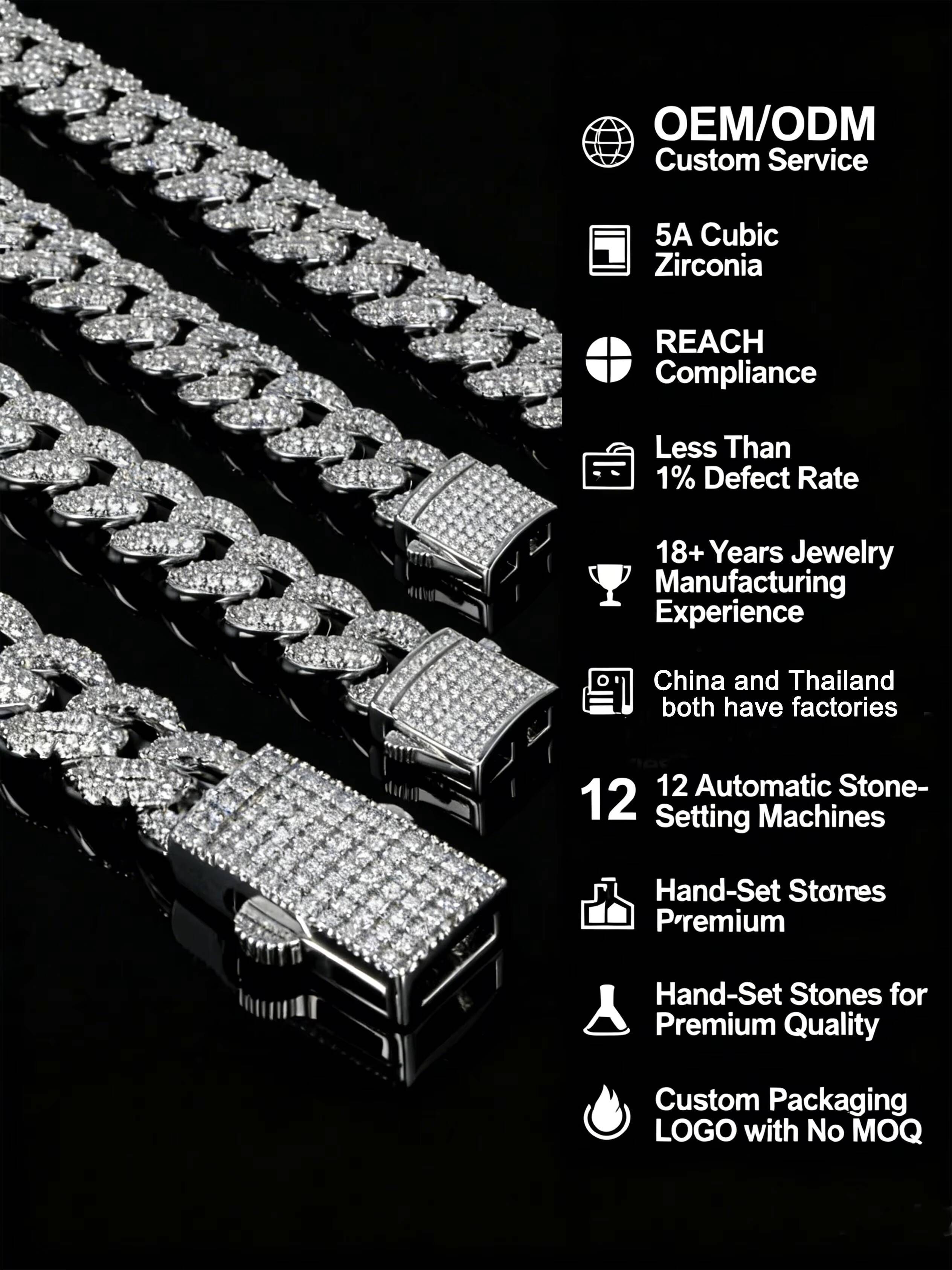 Moissanite Cuban Silver Over Silver Iced Out Chain Unisex Hip Hop Cuban Link White Brass Bracelets