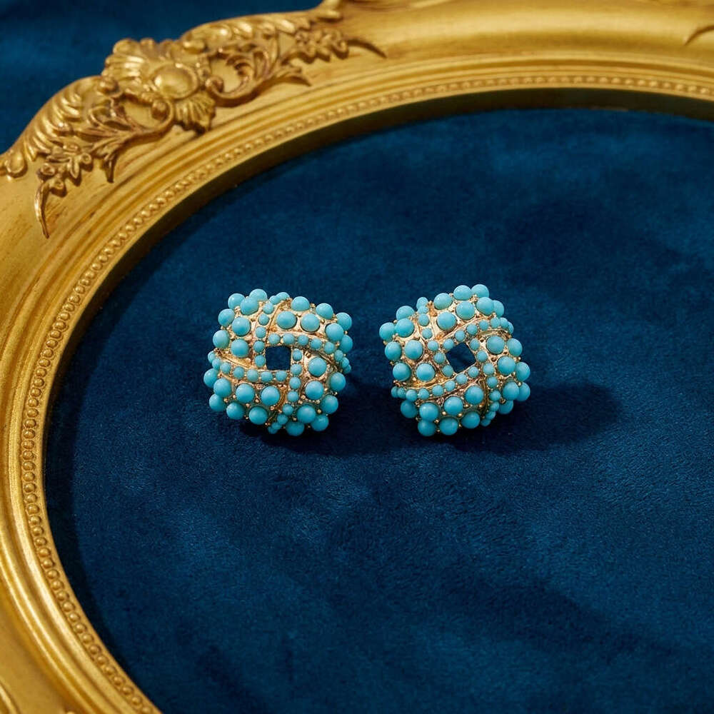 Vintage Square Turquoise Earrings Geometric Beads And Silver Studs Niche Design With A High-End Feel Women's Accessories High-Quality