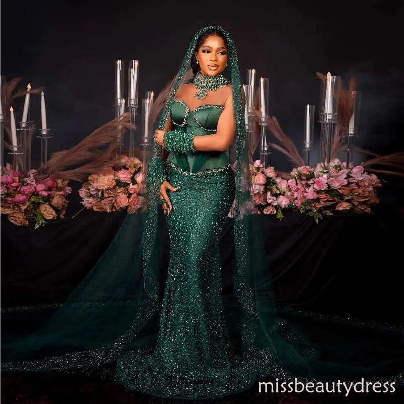 African Green Beaded Mermaid Prom Dresses With Veil Crystals Sheer Long Sleeve Aso Ebi Style Formal Special Ocn Gowns 0302