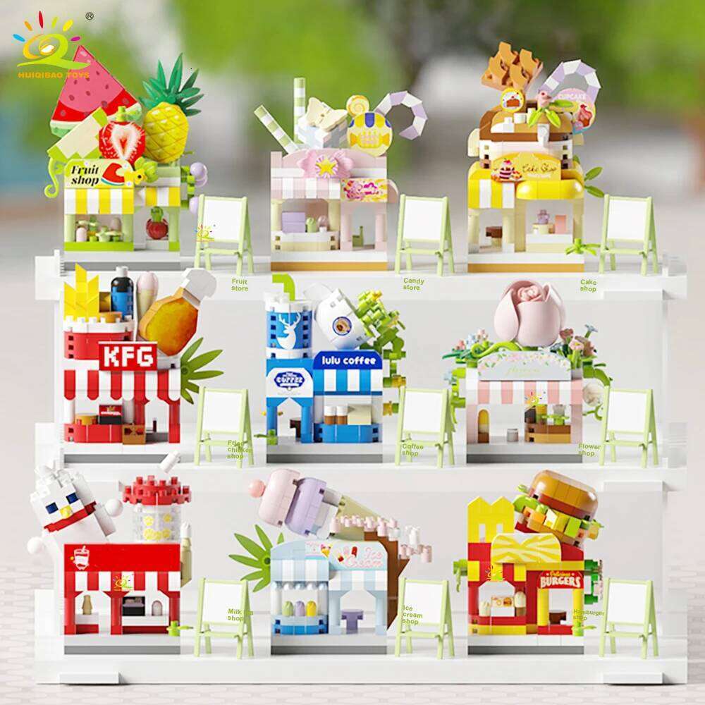 HUIQIBAO MOC Street Shop model Micro Building Block Burger Fried Flower Model Mini Brick Toy for Children Desk Decoration Z260306