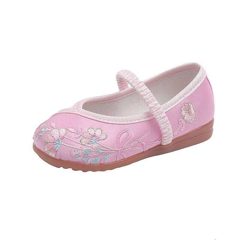 Hand-embroidered Chinese Style Cotton Cloth for Children Soft-soled Comfortable Flat Kids Girls Princess Shoes Red 26H0306